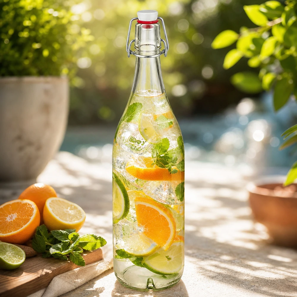 1000ml glazen fles met draaidop gevuld met citrus punch sinaasappel limoen munt op een zonnig terras
