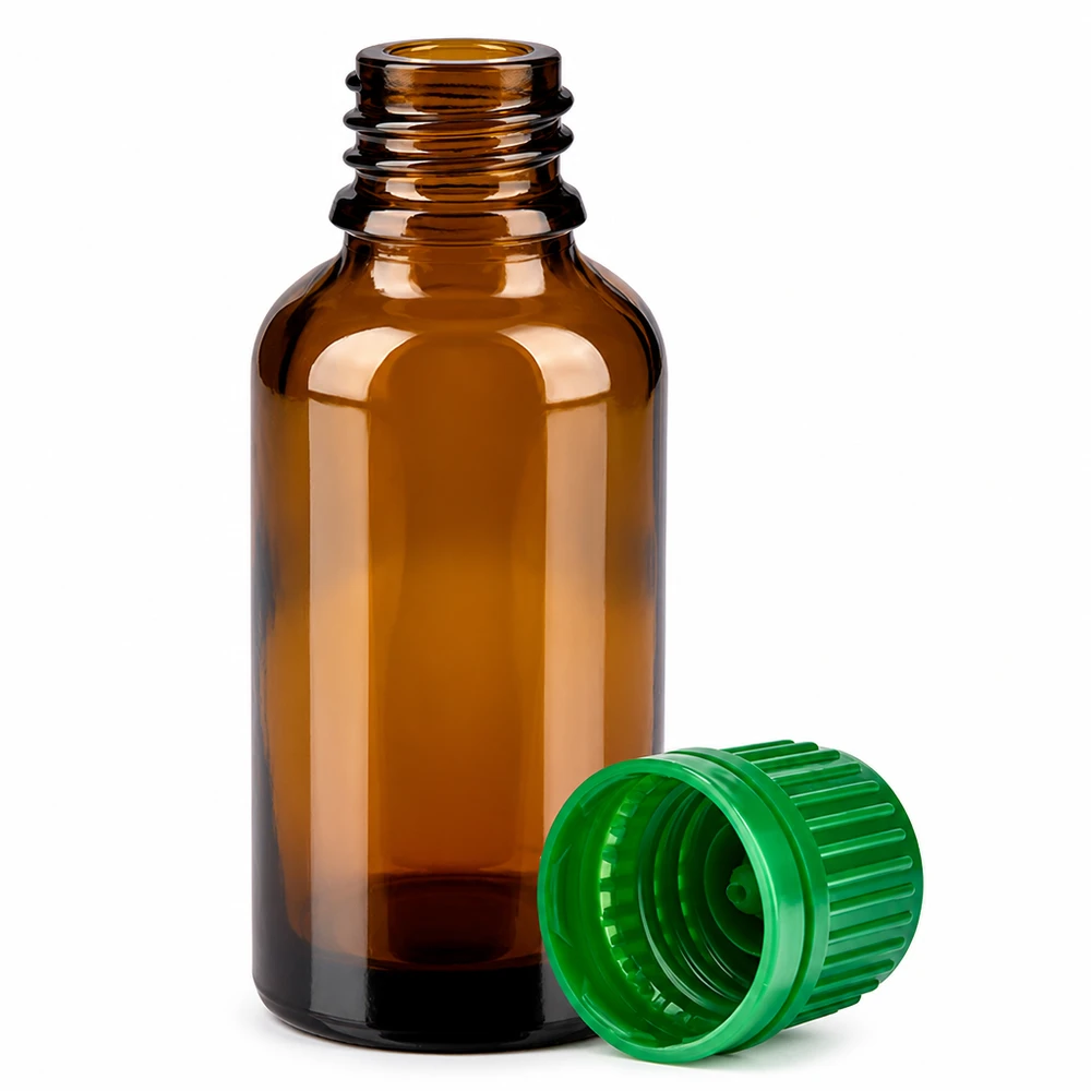 30ml fles 11mm SV groen OV BrownLine UT18/30 Amberkleurig glazen flesje van 30 ml van hoge kwaliteit met lichtdicht ontwerp en groene verzegelstop