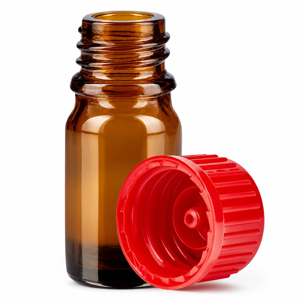 Amberkleurig glazen flesje 5ml met rode dop voor het nauwkeurig doseren van vloeistoffen