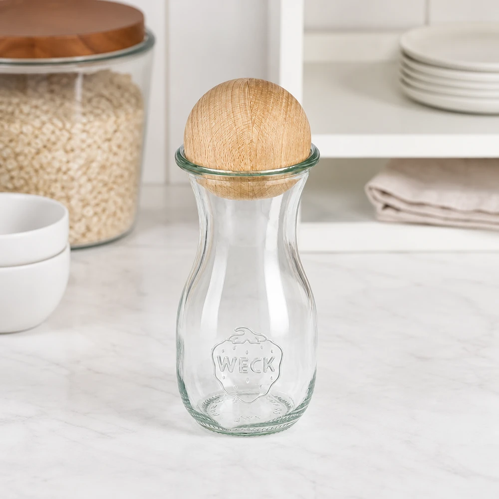 WECK glazen fles 290ml RR60 met beukenhouten bol in witte keuken naast voorraadpotten en serviesstapel