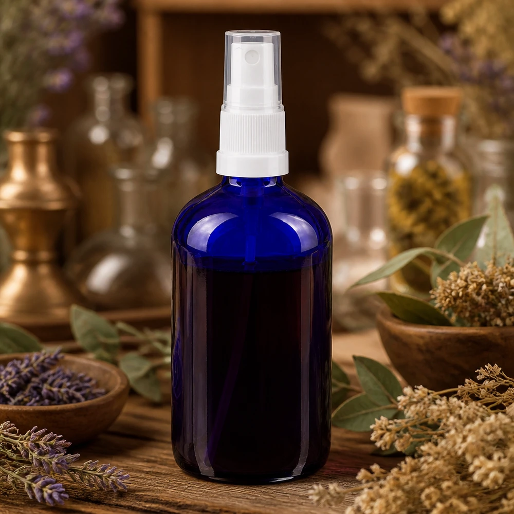 Lichtbestendige blauwe glazen spuitfles van 100 ml met witte dop, voor kamersprays en toners