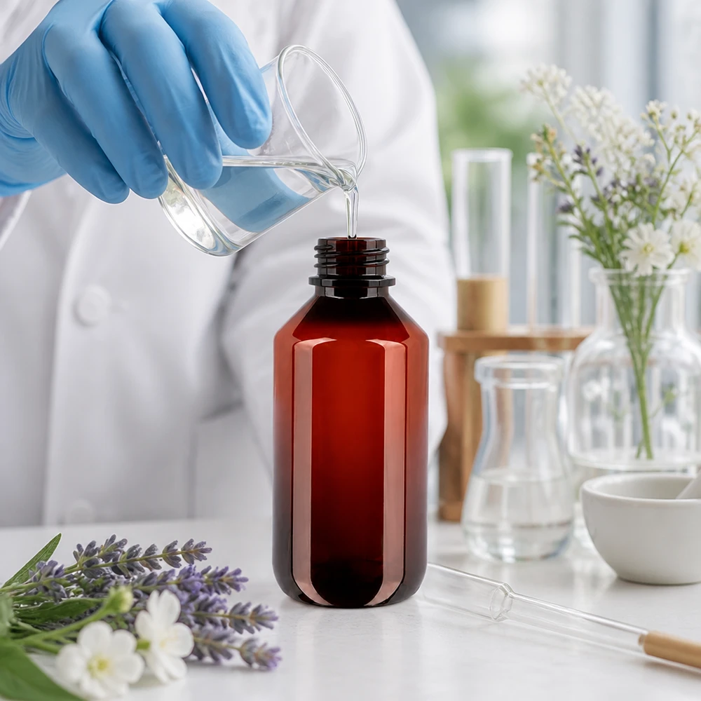 50 ml PET medicijnfles met verstuiver zwart GCMI 28/410 incl. dop transparant, standaard Chemiebestendige bruine PET-fles van 200 ml met blauwe dop voor etherische oliën