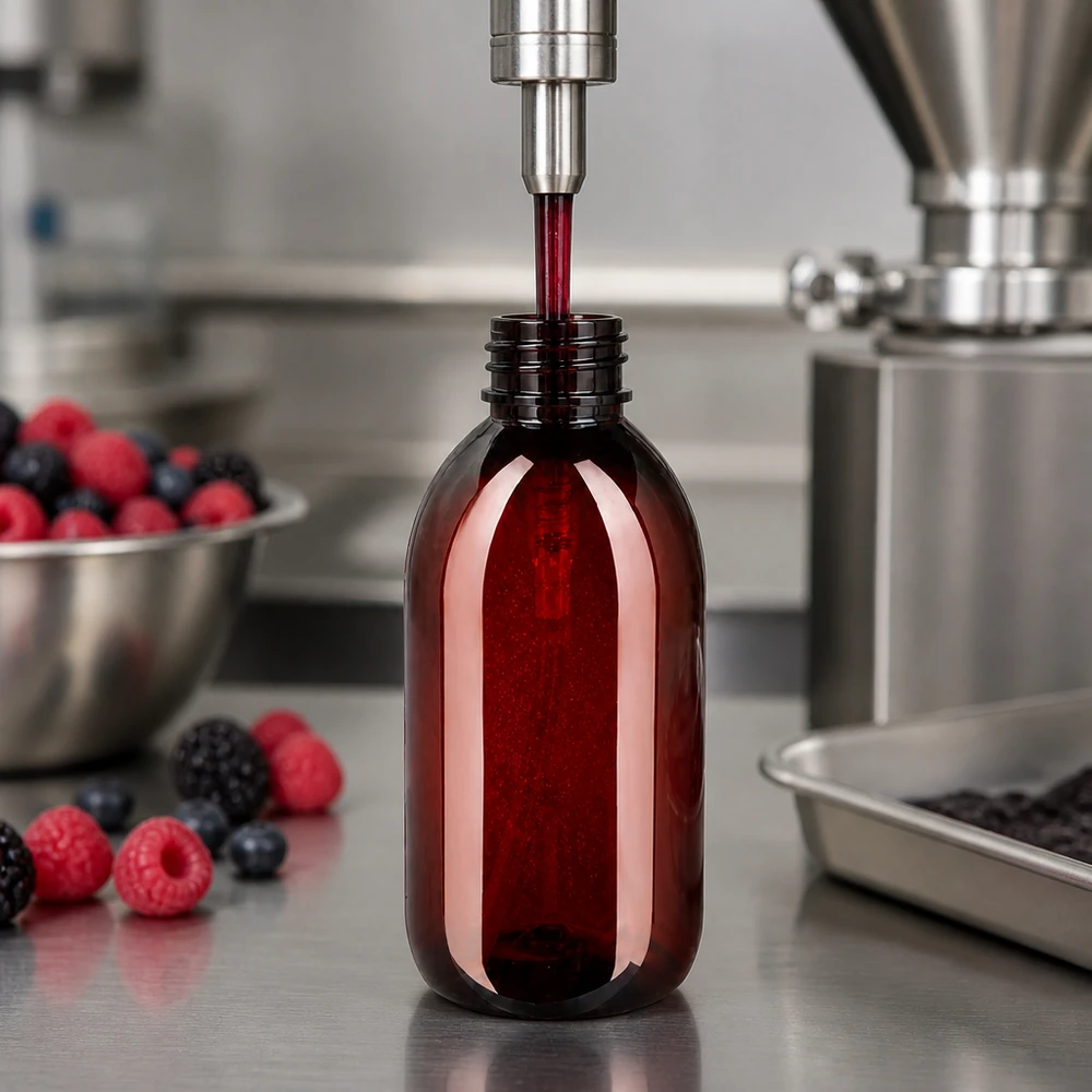 Voedselproductie met frambozen en bosbessen in een amberkleurige PET-fles van 250 ml in een roestvrijstalen keuken