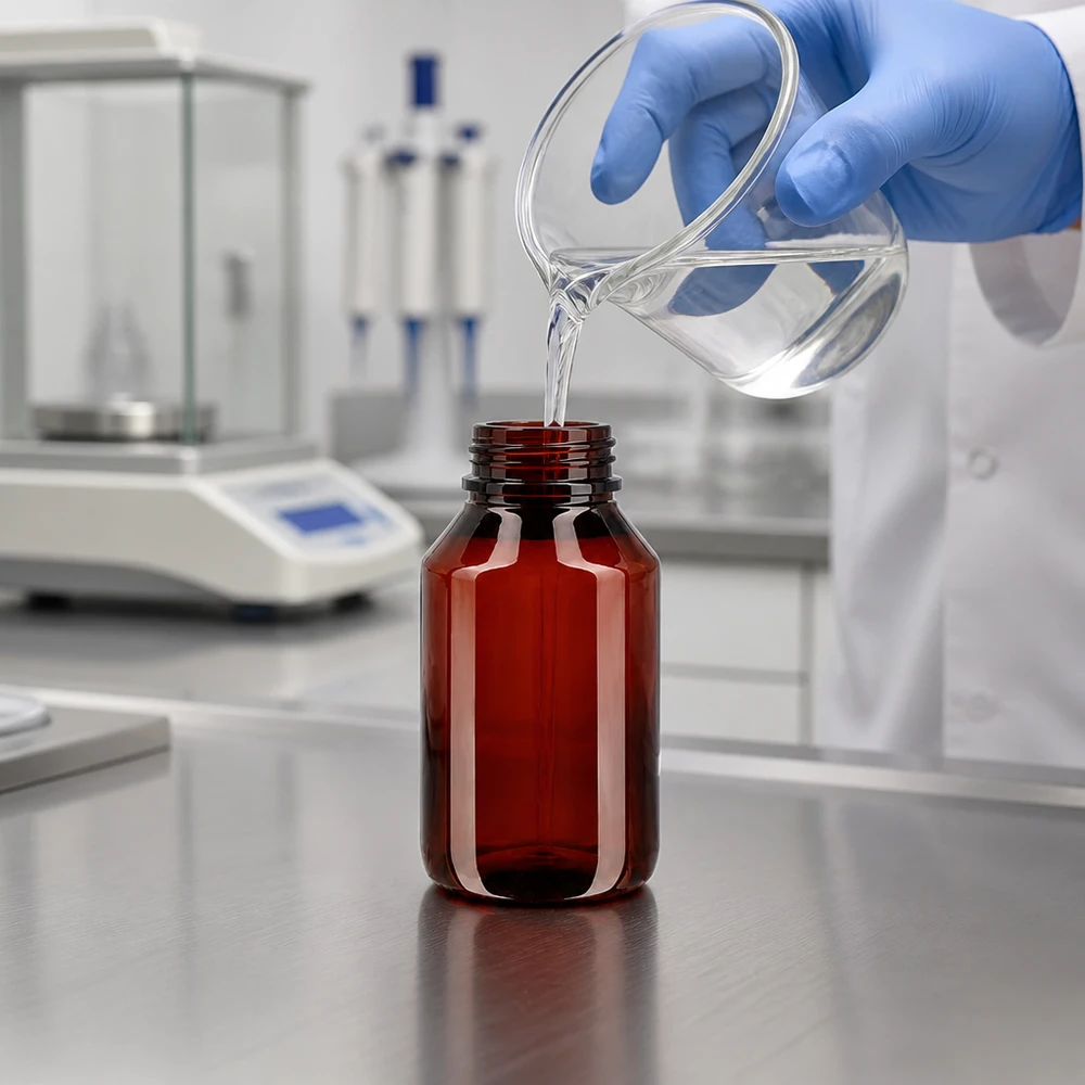 PET-fles 50ml met witte flip-top dop. Compacte bruine glazen fles van 50 ml, gemaakt van PET, met een veilige klapdop voor chemicaliën