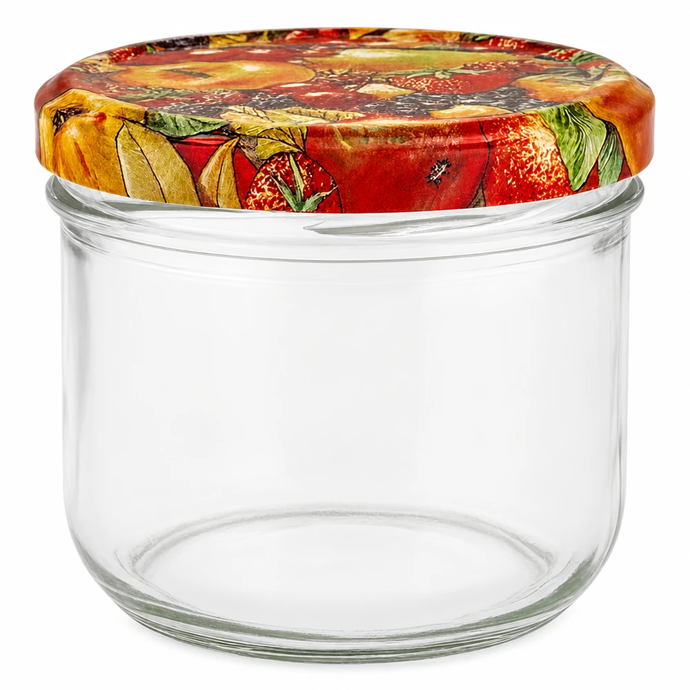 260 ml inmaakpot met kleurrijk fruitdecor deksel, lege inmaakpot voor jam en conserven