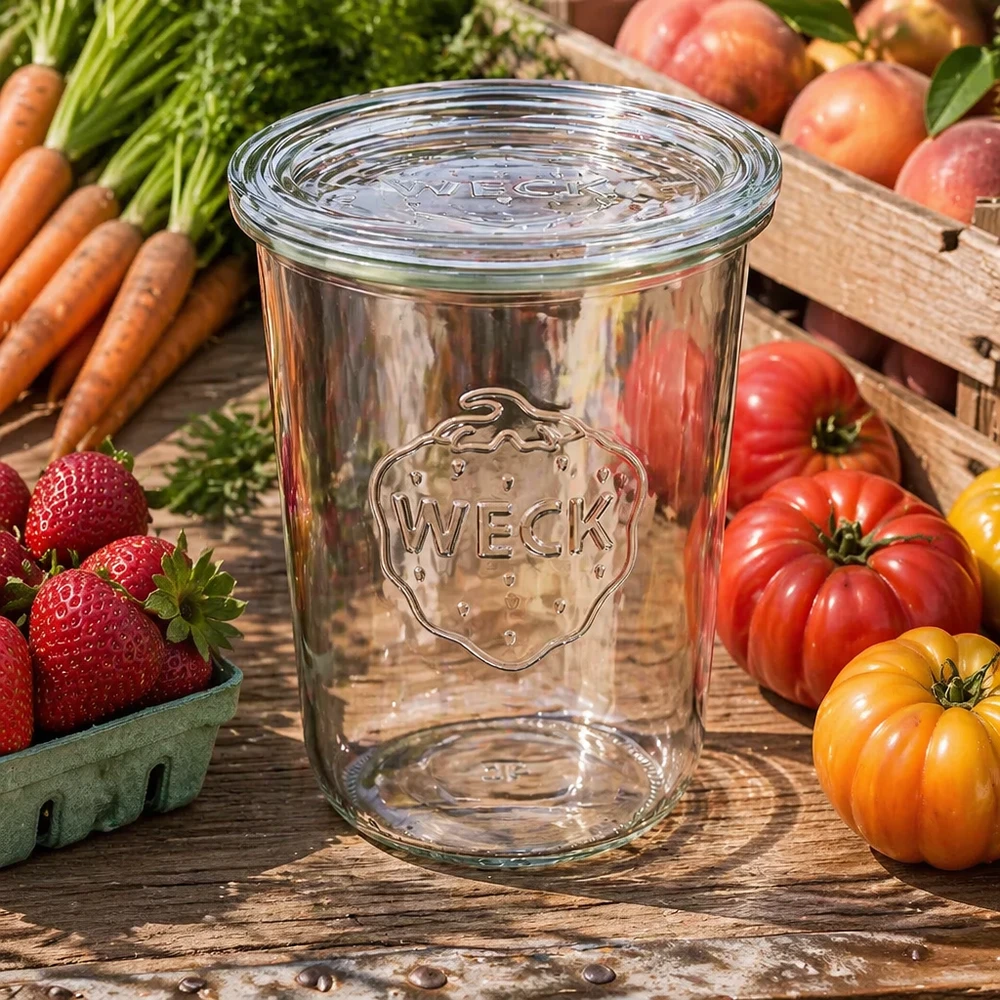WECK tumblers 850ml RR100 omringd door verse groenten fruit toont veelzijdig gebruik voor maaltijdvoorbereiding en opslag.