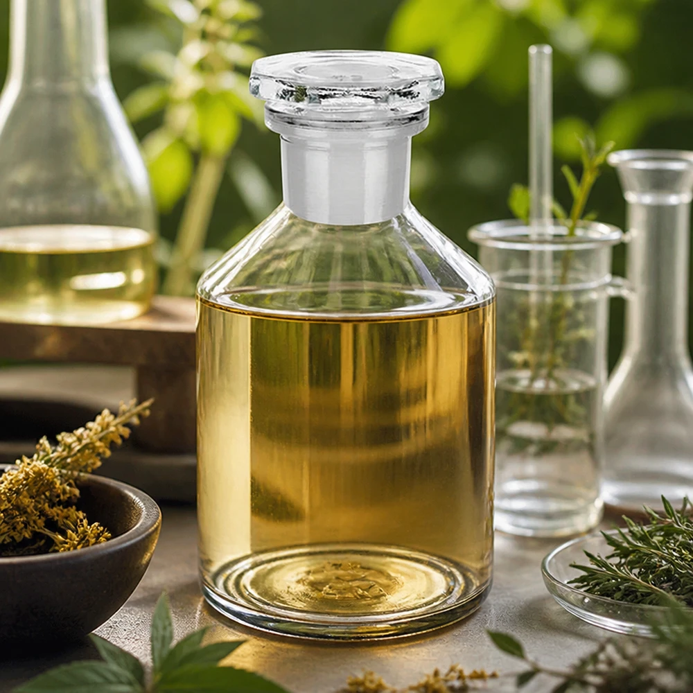 50 ml fles met schuine schouders nauwe hals helder glas incl. glazen stop Apothekersflesje 50 ml, transparant, met een steile borst en botanische kruiden op de achtergrond