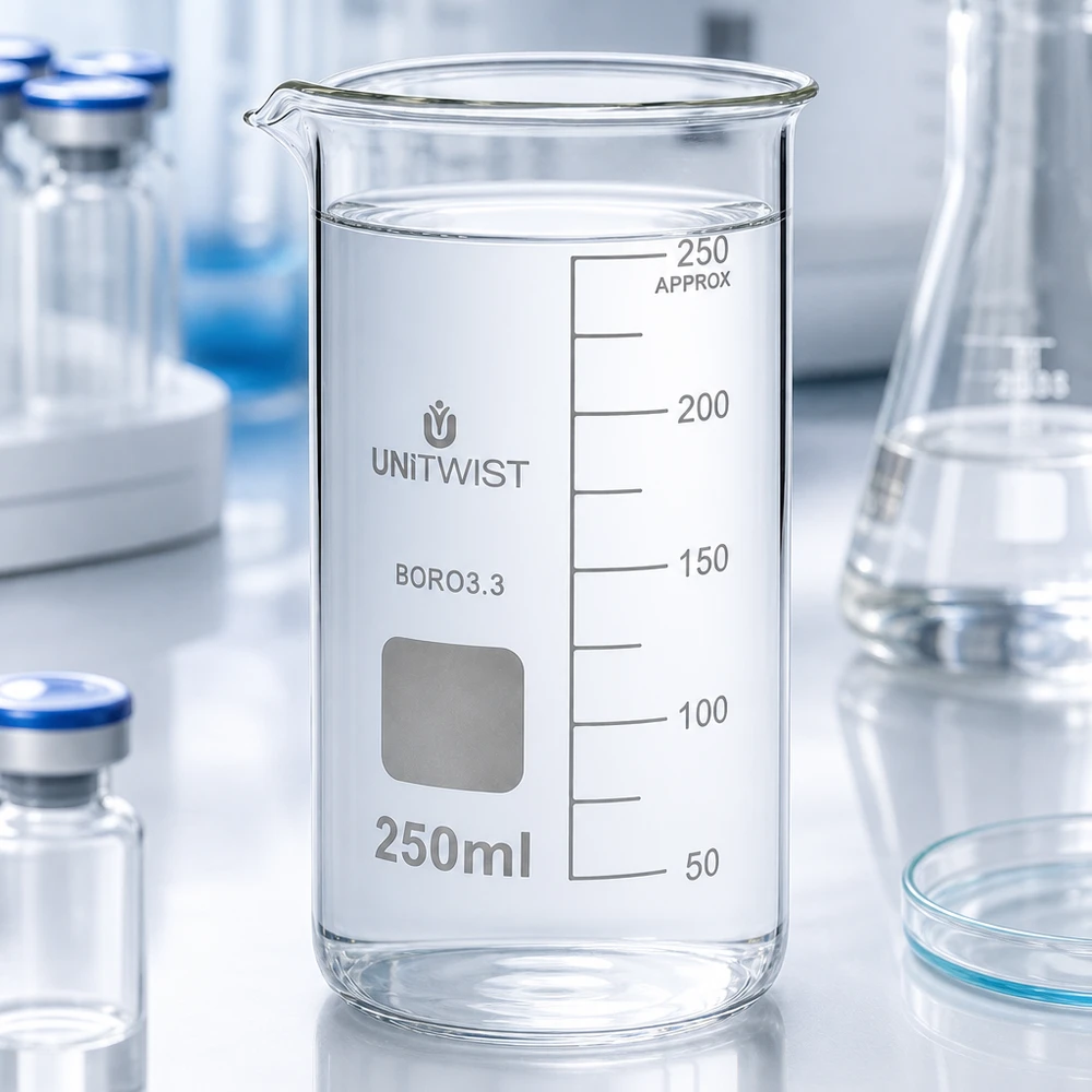 Doorzichtig bekerglas, hoge vorm, 250 ml, borosilicaat, UNITWIST, naast Erlenmeyer-kolven en flacons