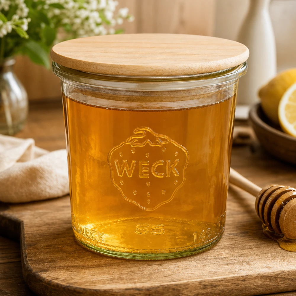WECK 140ml RR60 pot gevuld met honing en houten deksel toont veelzijdigheid voor zoet broodbeleg