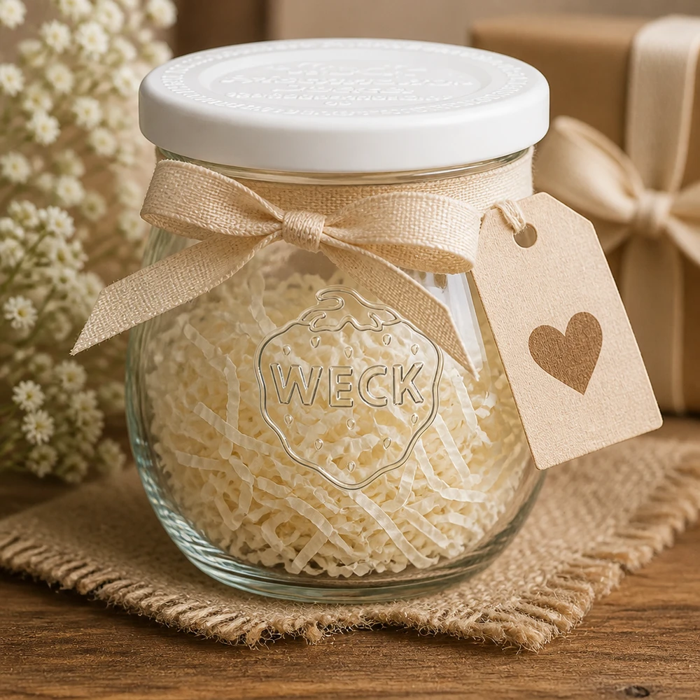 Tulpenpot van 220 ml met vershouddeksel WECK RR60 WECK tulp pot 220ml RR60 decoratief met lint en hart hanger - cadeau idee rustieke inmaak pot