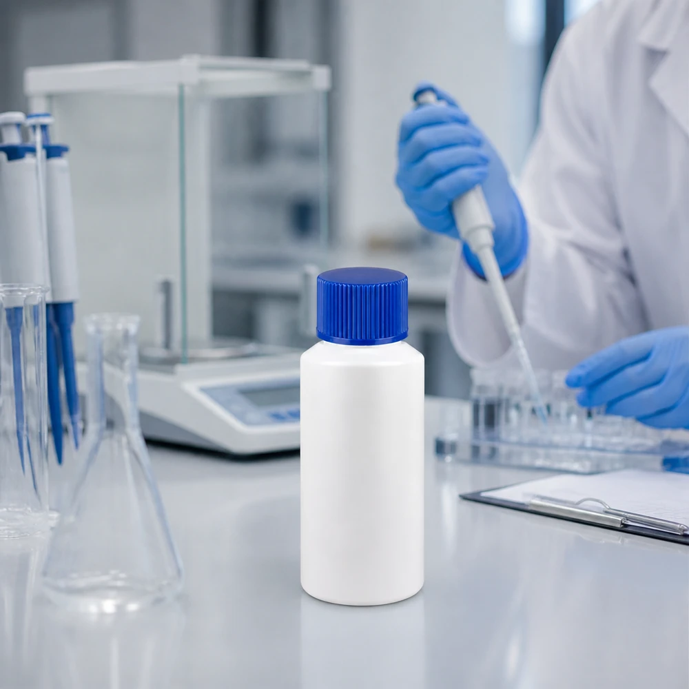 Micropipet en microtiterplaat naast een witte HDPE-laboratoriumfles van 30 ml met een blauwe dop