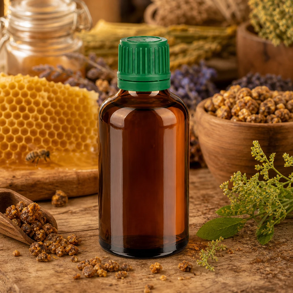 Professionele apothekersfles 50ml gemaakt van UV-beschermend amberkleurig glas met stevige groene draad