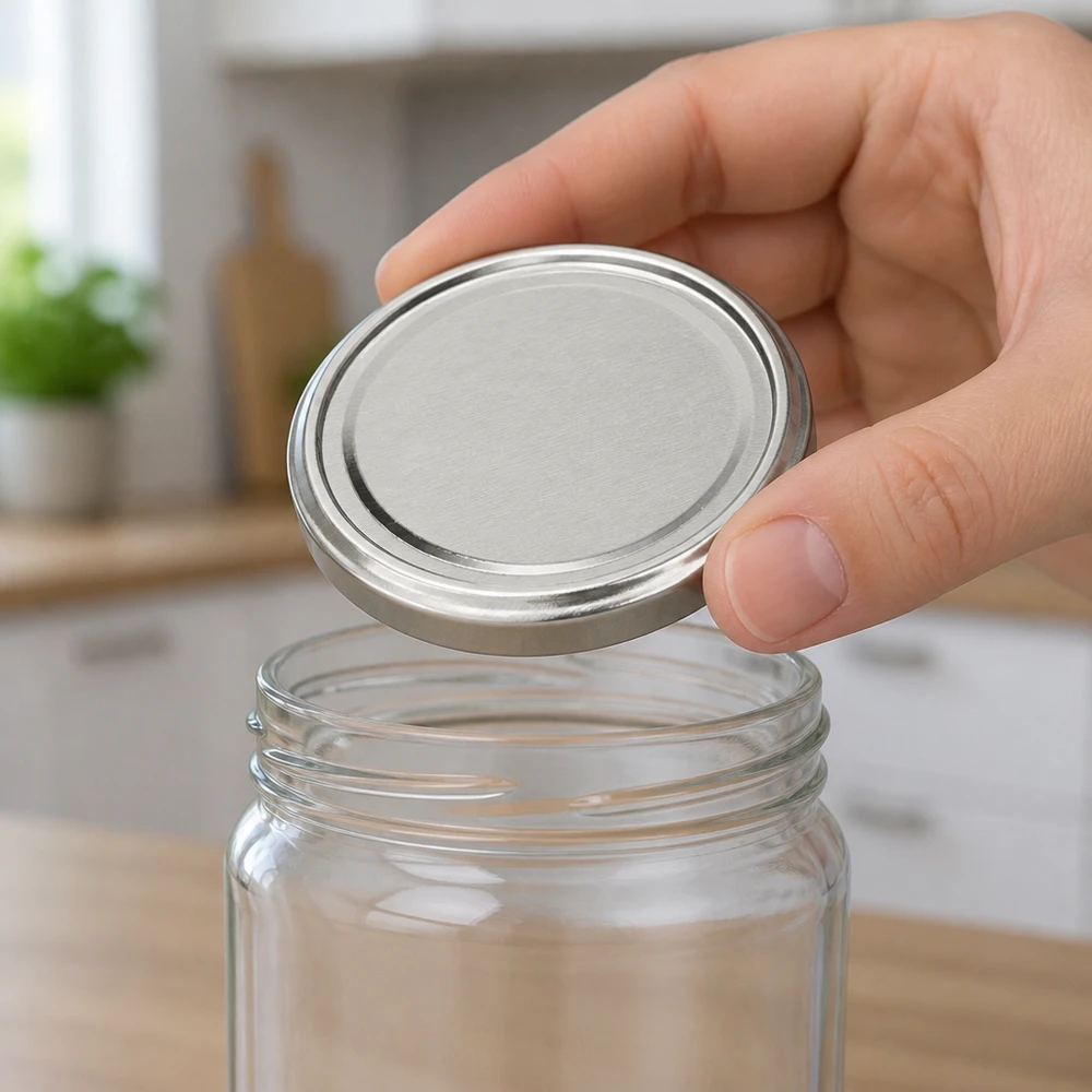 Lege inmaakpot met een TO66 UNiTWIST-deksel van 66 mm (zilver) op een houten aanrechtblad in de keuken