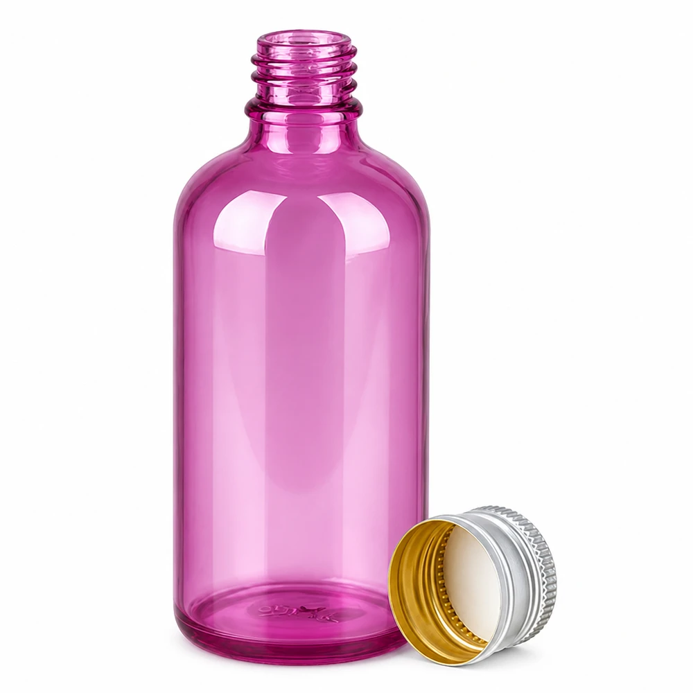 Ronde schouder glazen fles violet 100ml met standaard dop voor farmaceutische toepassingen