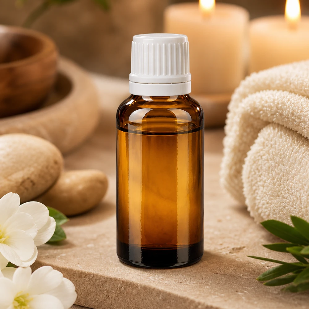 Compacte bruine glazen fles van 20 ml met een kindveilige witte dop voor kruidenextracten