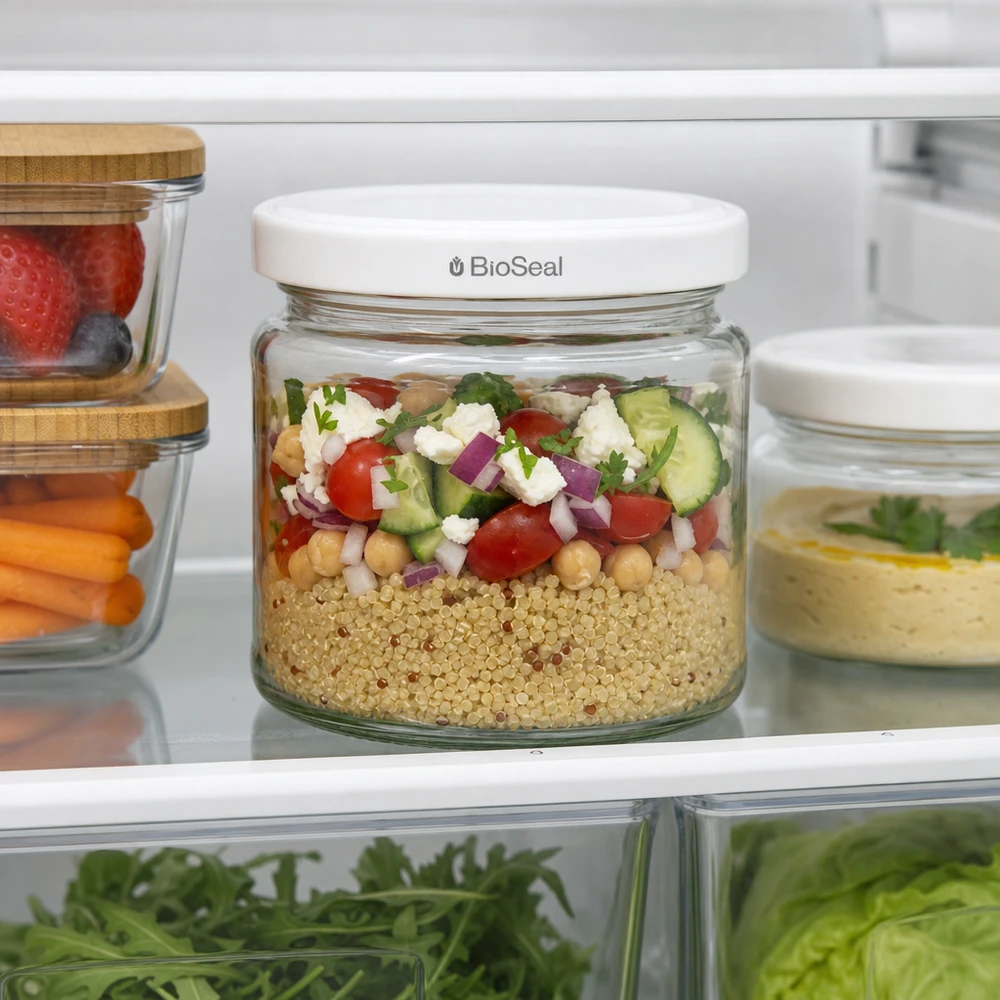 212ml rond glas met BioSeal deksel wit UNiTWIST UNiTWIST Runda212 voorraadpot in de koelkast gevuld met quinoasalade toont praktisch meal prep gebruik
