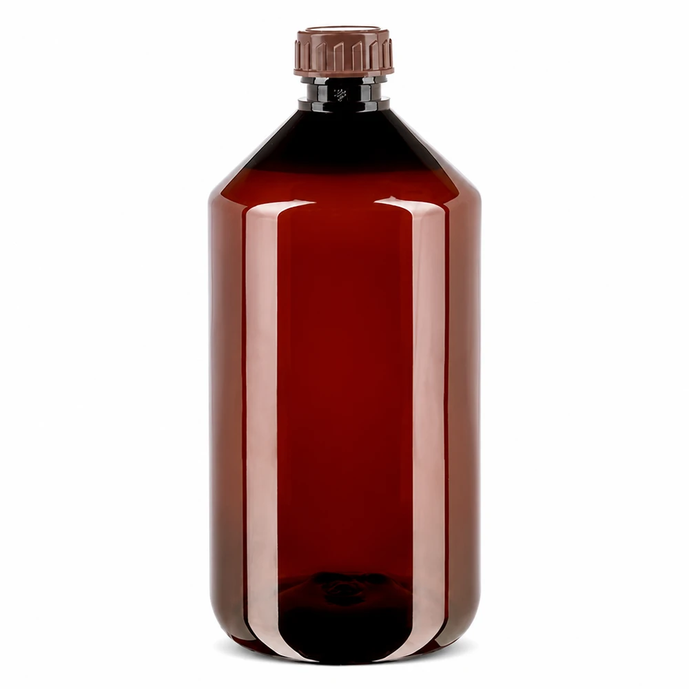 PET-fles 750 ml met bruine dop Standaard Cilindrische PET-fles van 750 ml in bruin met geribbelde dop – zijaanzicht