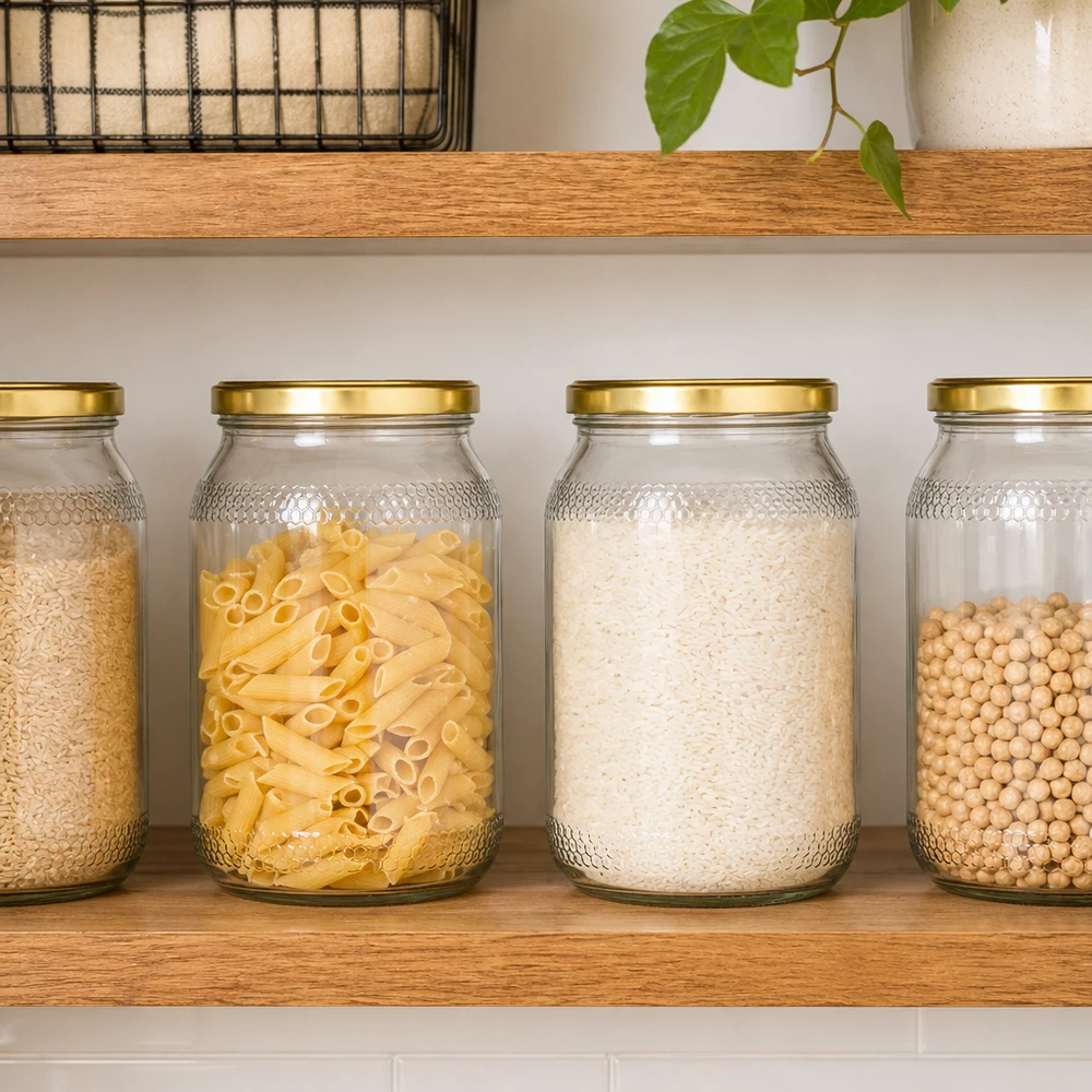900 ml honingpotten met gouden deksels als bewaarpotten voor pasta, rijst en peulvruchten in de moderne keuken
