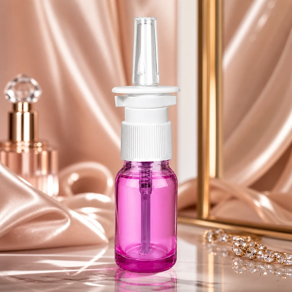 Robuuste glazen neussprayflacon van 10 ml in Purple Light met duurzaam UT18/10 sluitsysteem