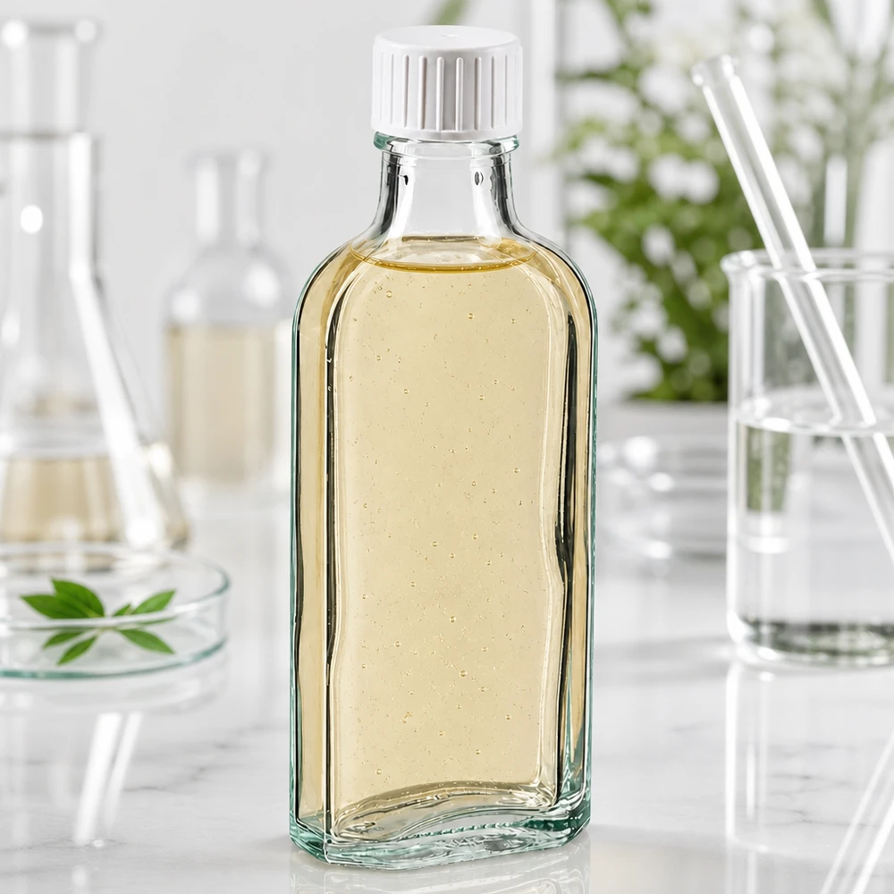 100 ml Meplat-fles van helder glas met schenkrand en crèmekleurig extract op een marmeren achtergrond