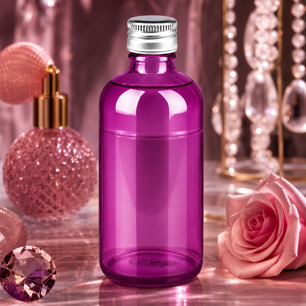 100 ml fles. 11mm schroefdop aluminium-zilver standaard PurpleLine. UT18/100 Paarse glazen fles van 100 ml met schroefdop, perfect voor handgemaakte cosmetica en tincturen