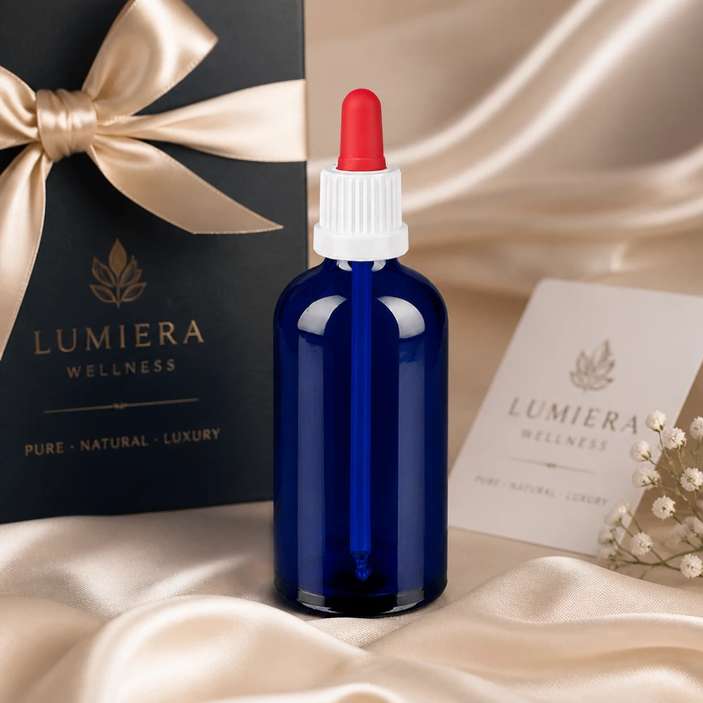 100ml pipetfles wit/rood OV BlueLine UT18/100 Apothekersfles 100ml van UV-beschermend blauw glas voor lichtgevoelige stoffen