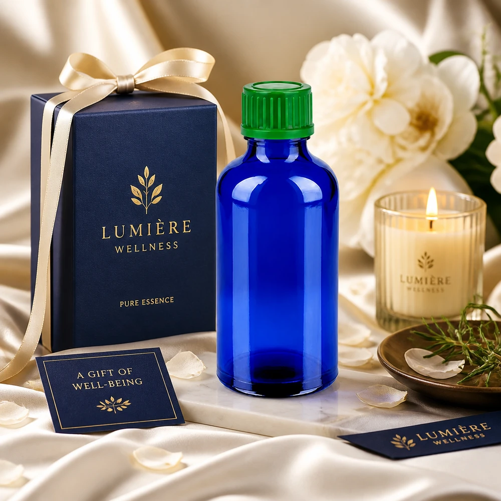 50ml fles 11mm SV groen STD BlueLine UT18/50 Elegante glazen fles van 50 ml in kobaltblauw met groene dop voor hoogwaardige verzorgingsproducten