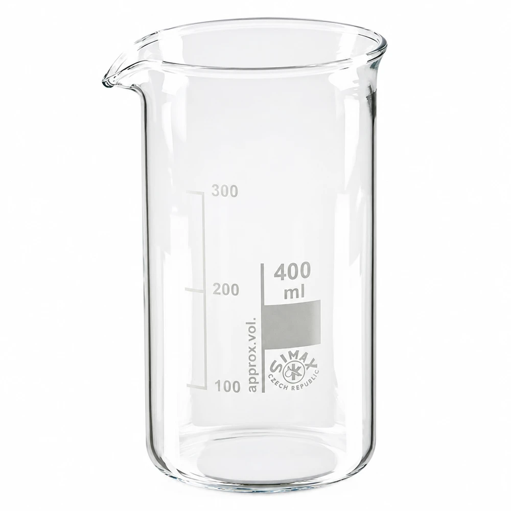SIMAX-beker, hoog model, 400 ml, borosilicaatglas, met schenktuit en witte schaalverdeling