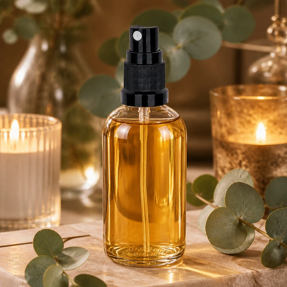Met goud gevulde ClearLine-spuitfles UT18/100 van 100 ml met zwarte verstuiver in een wellness-omgeving