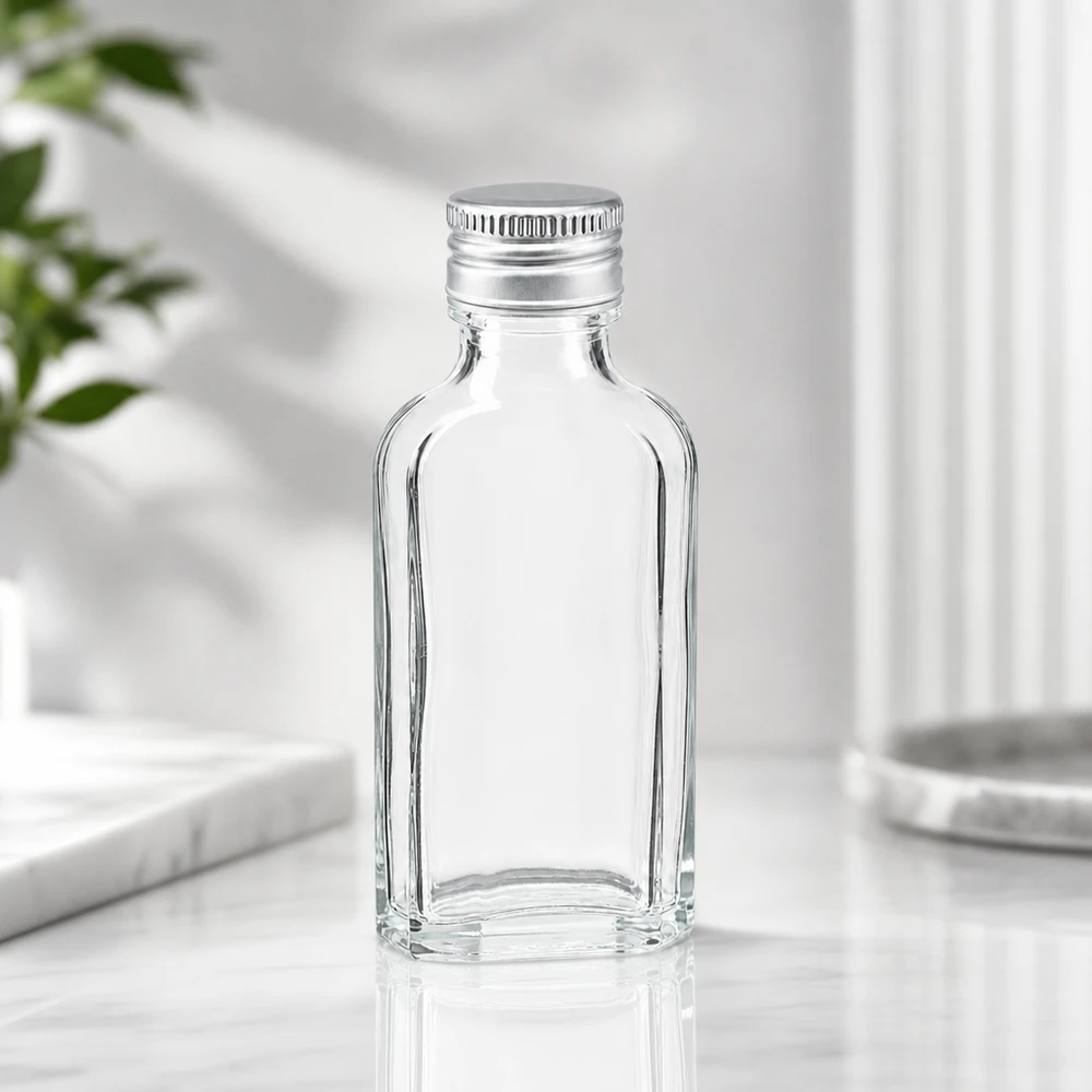 50 ml Meplat-flesje van helder glas met zilverkleurige aluminiumdop PP22, ideaal voor oliën en essences