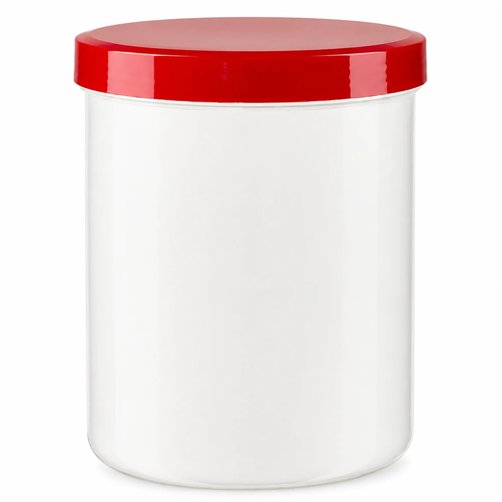 Zalfpot 1000g wit met rood schroefdeksel (PP) Apotheekpot 1000 g, wit met rode deksel, van voedselveilig PP-kunststof