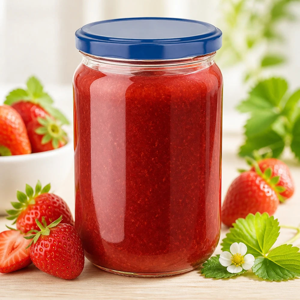 Grote Einweck-pot van 555 ml van UNiTWIST met een blauwe BasicSeal-deksel, omringd door rijpe, verse aardbeien