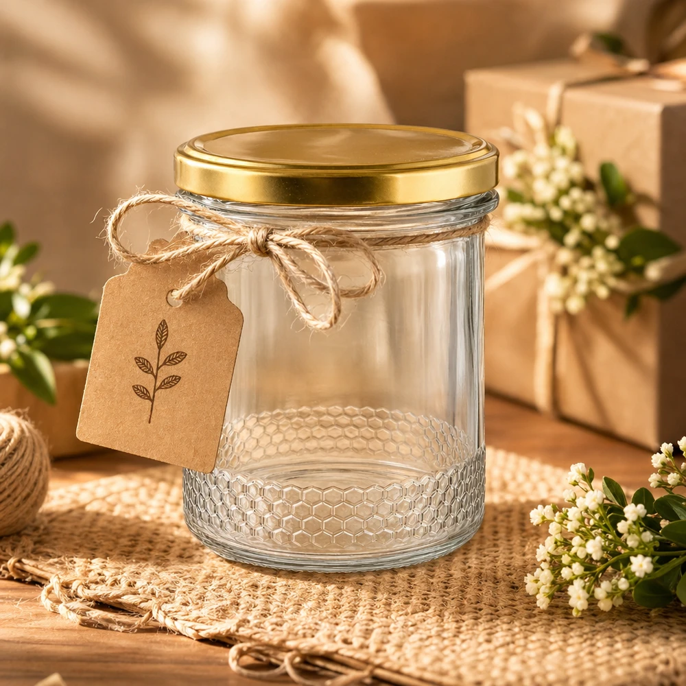 400 ml honingpot met BasicSeal deksel goud UNiTWIST en cadeaulabel op een rustieke houten tafel met jute decoratie