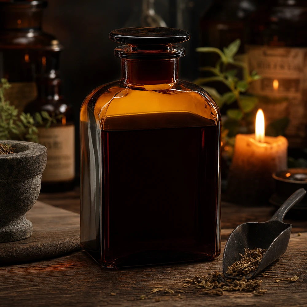 Vierkant-apothekersfles 500 ml wijde hals bruin glas incl. glazen stop Vierkante bruine glazen fles van 500 ml met brede hals en platte stop voor etherische oliën