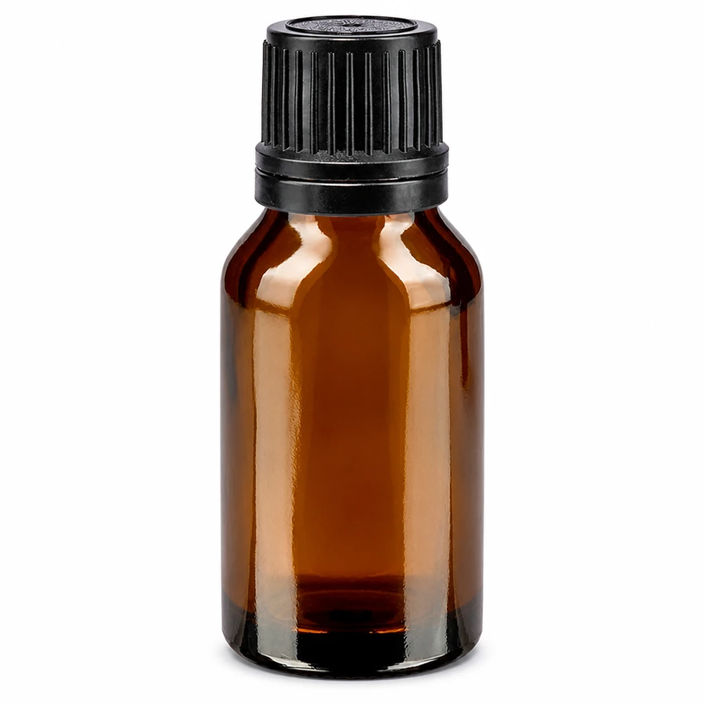 Bruine apothekersfles van 15 ml met originele zwarte dop en gietring voor etherische oliën