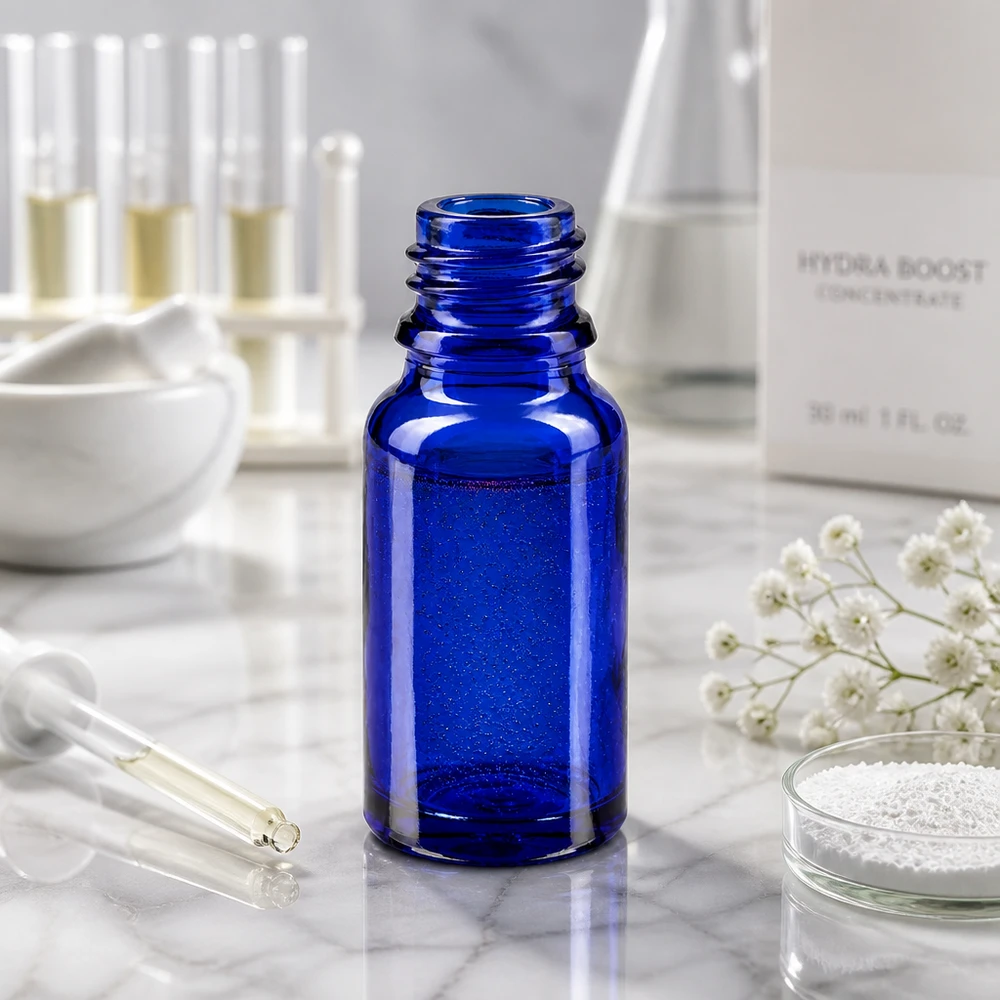 Blauwe glazen fles 10ml Professionele blauwe glazen fles 10ml ApoGlas met precieze vulhoeveelheid voor apotheken