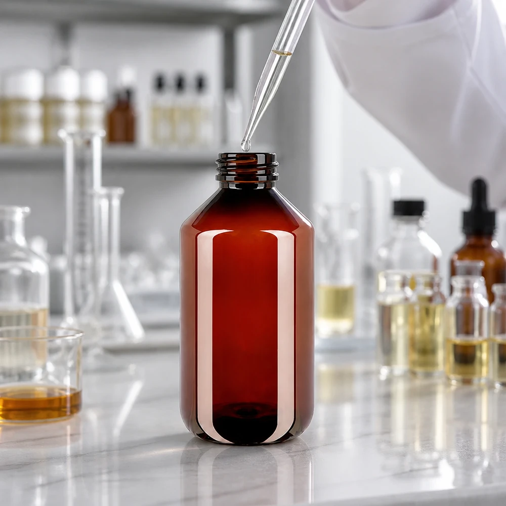 Stevige bruine glazen fles van 500 ml, gemaakt van PET-kunststof, met een fraudebestendige originele sluiting