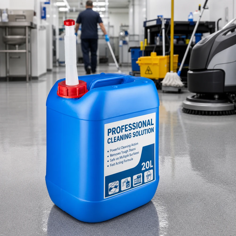 Canister 20 liter blauw met flexibele uitloop Professionele chemicaliënkanister van 20 liter met flexibele uitloopbuis voor reinigingsmiddelen in het facility management