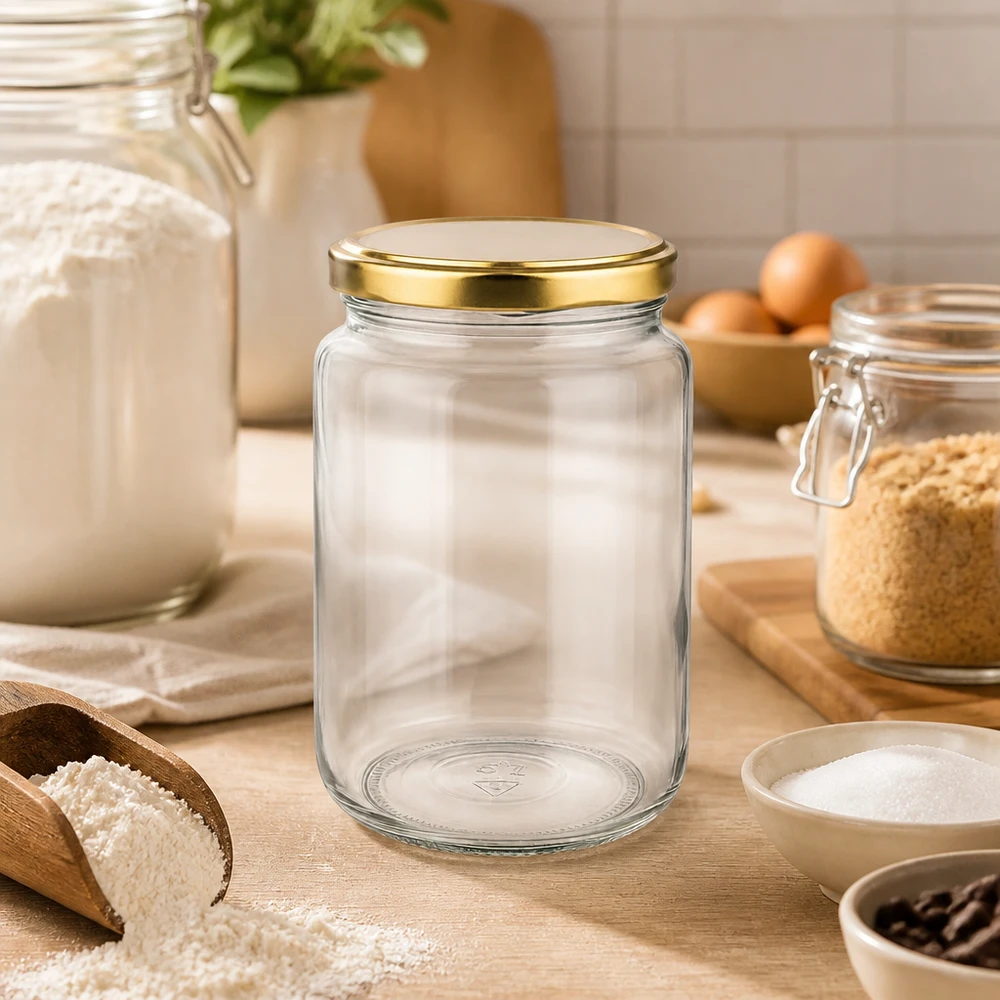 795ml lege ronde pot met gouden BasicSeal deksel in keukensfeer met bloem en bakingrediënten op houten plank