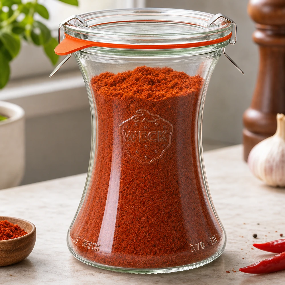 WECK delicatessenpot 370ml RR80 gevuld met rode paprikapoeder Kruidenopslag in keukenomgeving