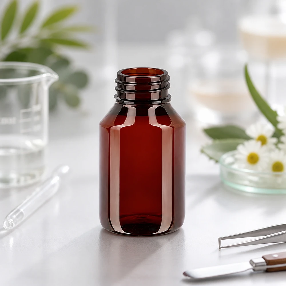 PET-fles 50ml met witte flip-top dop. Stevige bruine PET-fles van 50 ml met schroefdop voor tincturen, serums en plantenextracten