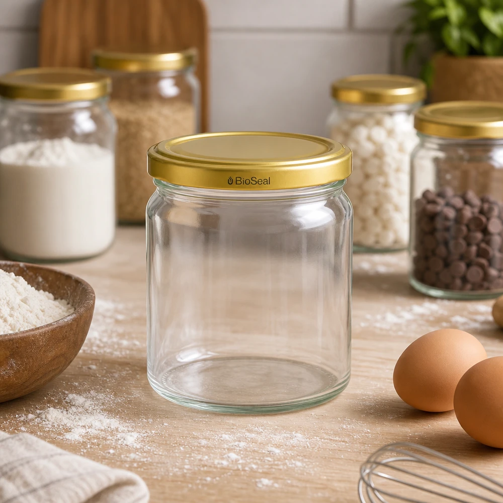 UNiTWIST Runda408 lege pot met gouden TO82 BioSeal deksel in keuken met bakingrediënten bloem eieren en voorraadpotten