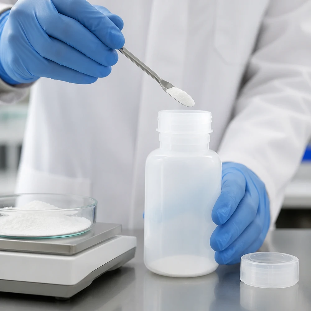 Wijde hals laboratoriumfles 250ml met sluiting Befüllung einer 250ml Weithalsflasche mit weißem Pulver auf Edelstahl-Laboroberfläche