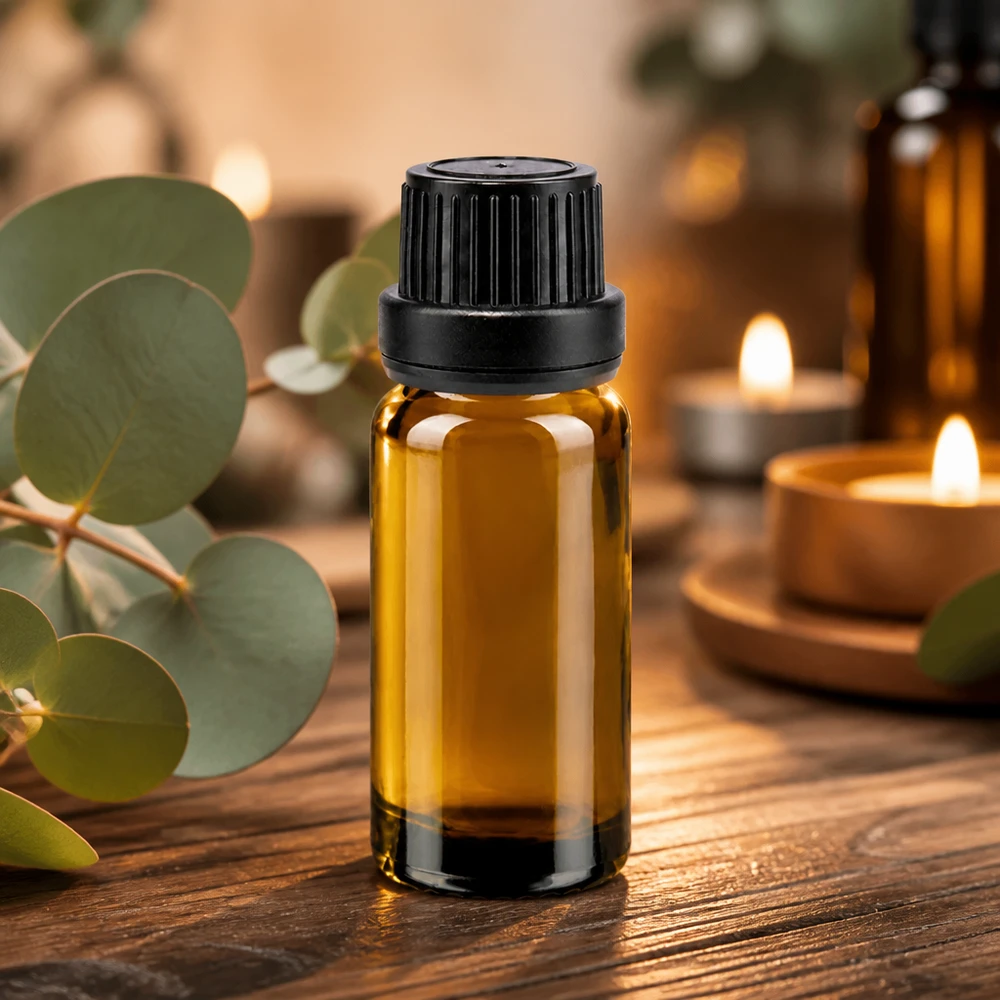 Compacte fles van 10 ml van UV-werend bruin glas met een zwarte verzegeling