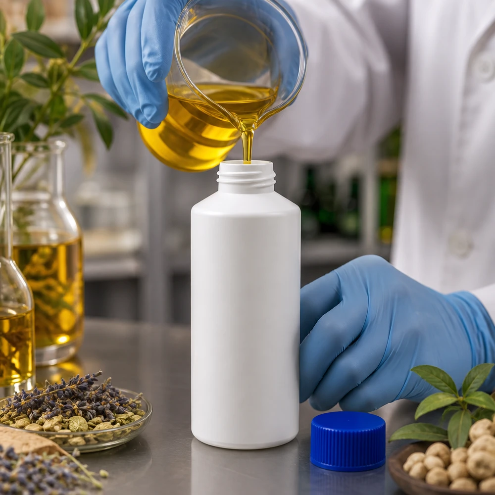 Kleine witte plastic fles van 100 ml met blauwe schroefdop voor farmaceutische oliën