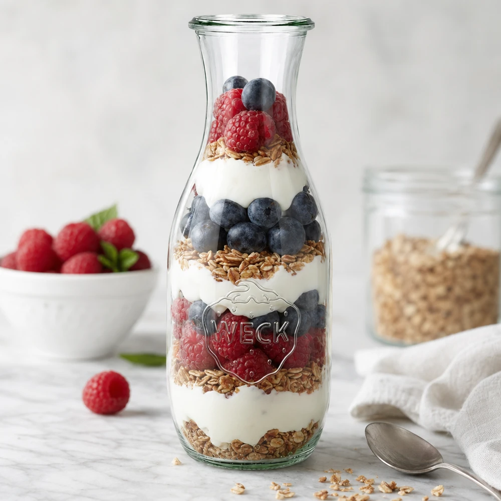 WECK sapfles 1062ml RR60 als parfait pot met yoghurt bessen granola gelaagd naast lepel en fruit