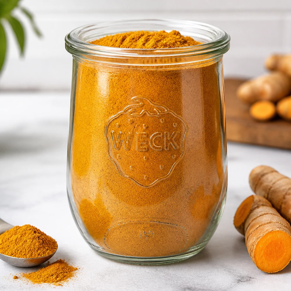 WECK tulpenpot 1062ml RR100 gevuld met kurkumapoeder naast verse kurkumawortels Kruidenopslag keuken