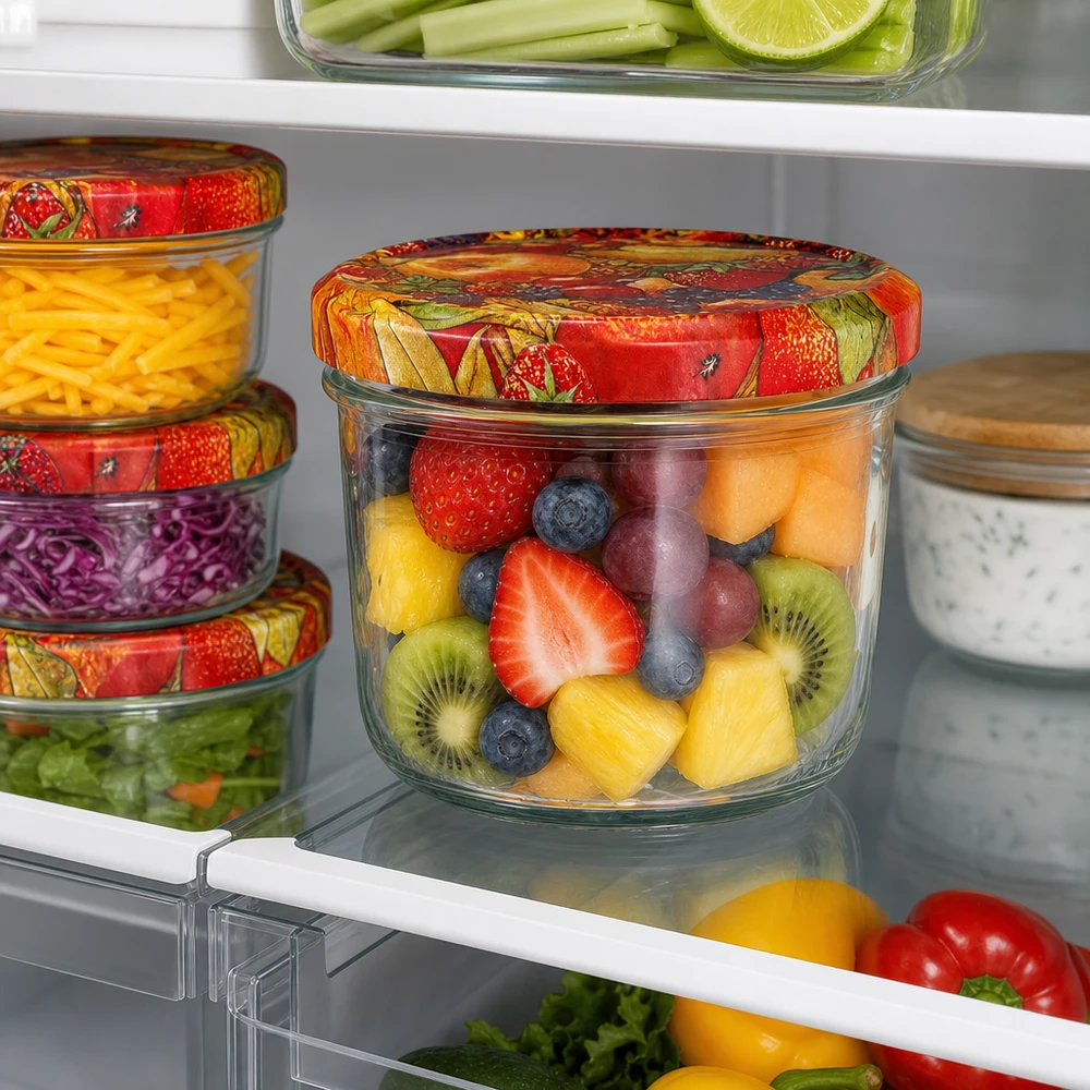 230ml bekers met BasicSeal deksel Fruit decor UNiTWIST 230 ml bekers met kleurrijk BasicSeal fruitdecor deksel gevuld met verse fruitsalade bewaard in de koelkast