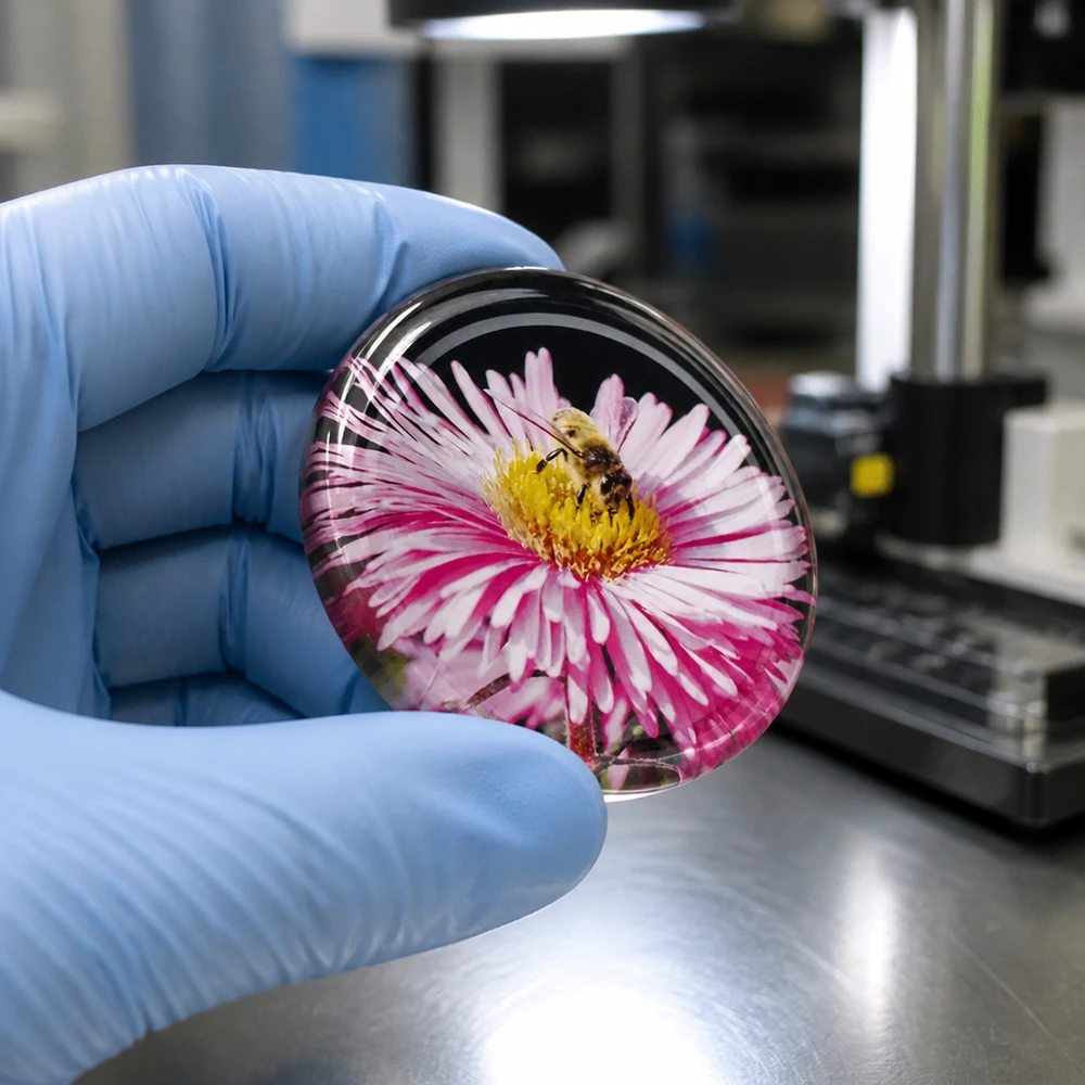 UNiTWIST BasicSeal TO82-deksel 82 mm met bloemmotief, vastgehouden in een handschoen in een laboratoriumomgeving