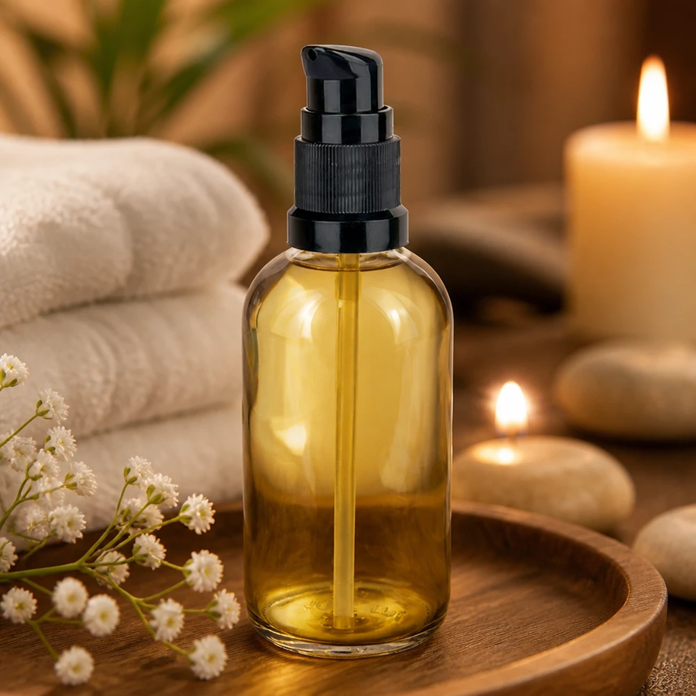 Amberkleurige glazen fles van 100 ml met zwarte doseerpomp, massageolie, kaarsen, wellness, spa